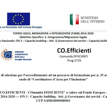 Progetto Co.Efficienti – Procedimento di selezione per l’accreditamento ad un percorso di formazione per n. 35 assistenti specialisti nel ruolo di “Coordinatore d’Area per l’Inclusione”