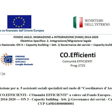 Progetto Co.Efficienti – Procedimento di selezione per n. 5 assistenti sociali specialisti nel ruolo di “Coordinatore d’Area per l’Inclusione”