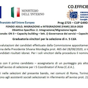 FONDO ASILO, MIGRAZIONE e INTEGRAZIONE (FAMI) 2014-2020 – Graduatoria vincitori di n. 5 CdA – n. 35 Coordinatori d’Area – Progetto Co.Efficienti