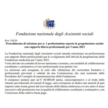 DOMANDA DI PARTECIPAZIONE ALLA SELEZIONE di 1 ESPERTO IN PROGETTAZIONE SOCIALE ANNO 2021