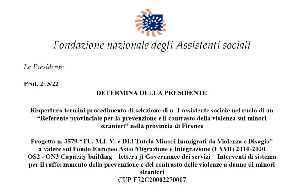 DETERMINA DELLA PRESIDENTE – “Referente provinciale per la prevenzione e il contrasto della violenza sui minori stranieri” nella provincia di Firenze