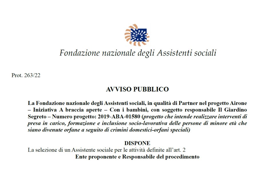 Fondazione nazionale degli Assistenti sociali sede in Roma – Prot. 263 /22 – AVVISO PUBBLICO
